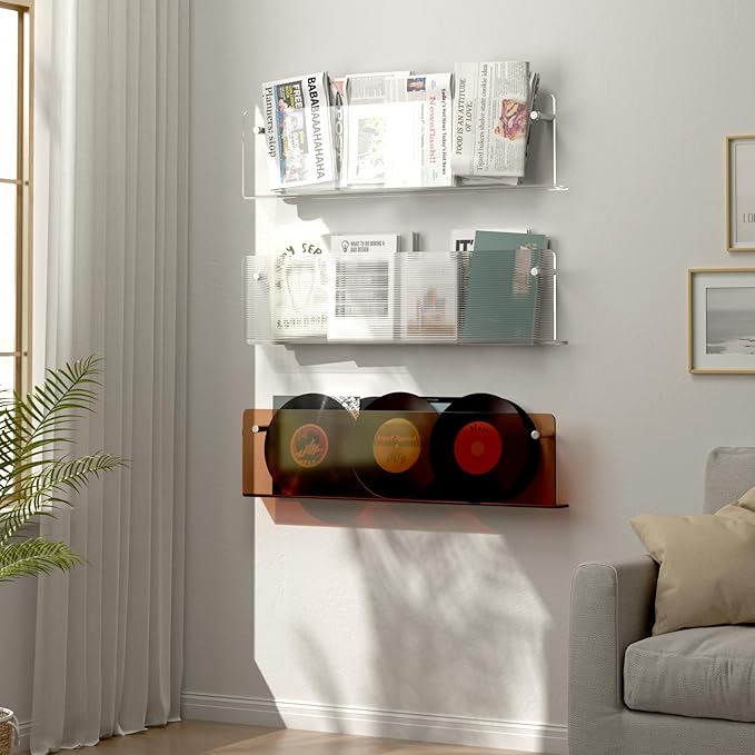 3 Pack Acrylic Magazine Holder and Vinyl Record Rack, 24" Wall-Mounted Display Shelf, Clear / Tea Brown / Ripple Pattern Wall Decor Racks for Living Room, Bedroom, or Music Room