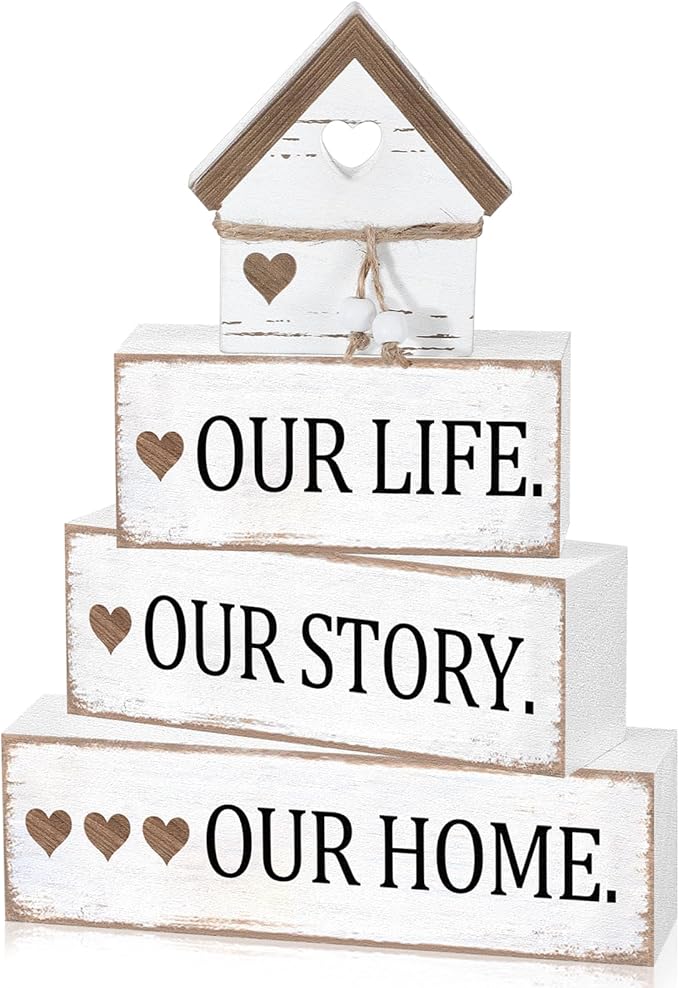 Cinnvoice 4 Pcs Farmhouse Tabletop Decor Rustic Family Blessed Home Table Centerpiece This Is Us Sign for Kitchen Shelf Desk Fireplace Mantel Tiered Tray Decor(Distressed Our Life Story Home)