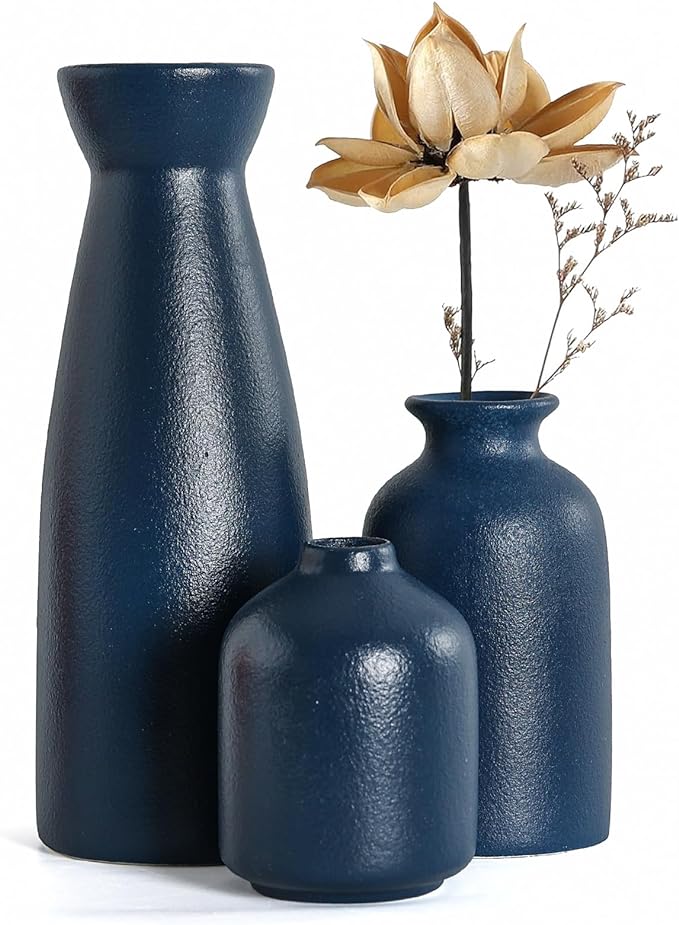CEMABT Ceramic Blue Vases Set of 3 Small Flower Vases for Decor, Modern Rustic Farmhouse Home Decor, Decorative Vases for Pampas Grass,Idea Shelf,Table,Bookshelf,Entryway- Distressed Decor