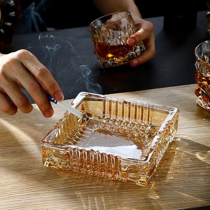 Handmade Glass Ashtray, Ashtray Ash Holder for Indoor or Outdoor Patio Desktop Office Smokers, Ash Tray for Tabletop Home Office Decor (Amber, XL)