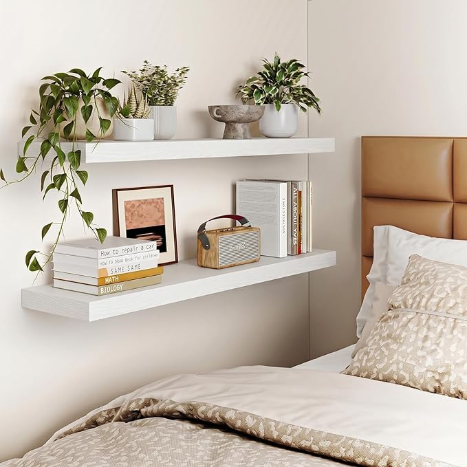 Fixwal Floating Shelves for Wall, 35.4" Long Heavy Duty Wall Mounted Rustic Wood Shelves for Living Room, Bedroom, Bathroom and Kitchen, for Storage, Books, Room Decor (White, Set of 2)