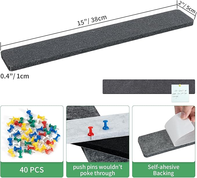 Cork Board for Walls - 8 Pack Felt Pin Board Bar Strips - Self-Adhesive Lightweight Bulletin Board - Cork Board for Office with 40 Push Pins No Damage for Wall (Black White Grey)
