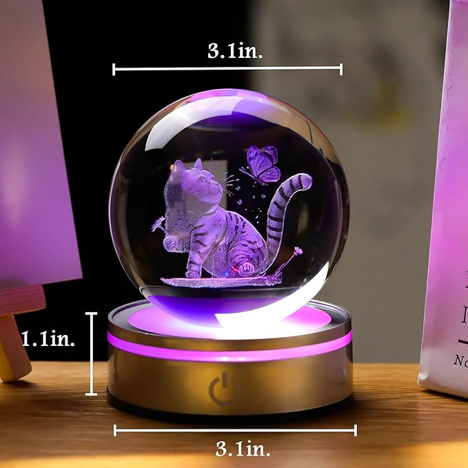 Movdyka 3D Laser Cat Figurines Lamp Glass Animals Statue Home Office Decor, Cat Theme Gifts for Women, Men, Girls - 3.15"/8CM