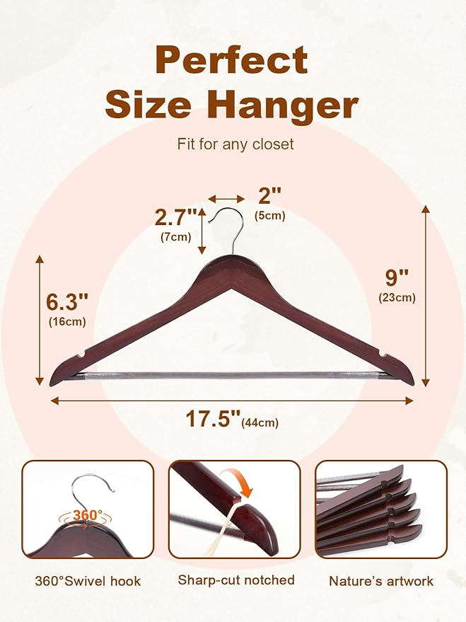 HOUSE DAY Cherry Wooden Hangers 20 Pack, Heavy Duty Wooden Coat Hanger for Closet, Solid Wood Hanger with Non Slip Pant Bar, Smooth Finish Wood Clothes Hangers for Shirts, Suits Jackets, Dress