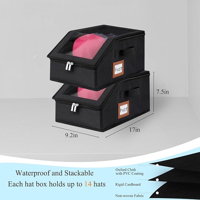 2 Pack Hat Storage for Baseball Caps-Holds Up to 28 Caps, Hat Organizer for Closet Stackable Hat Box with Cardboard, Dust-proof Beanie organizer with 2 Handles for Home Travel (Black, 2Pack-Small)