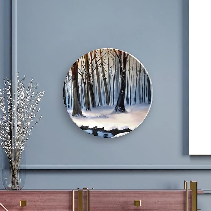 Decorative Plates for Wall Hanging, Winter Forest in Snow Painting Orange Ceramic Plate, Wobble-Plate with Display Stand, Home Decor for Kitchen Cabinets, Farmhouse Round Tray 7 Inch