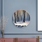 Decorative Plates for Wall Hanging, Winter Forest in Snow Painting Orange Ceramic Plate, Wobble-Plate with Display Stand, Home Decor for Kitchen Cabinets, Farmhouse Round Tray 7 Inch