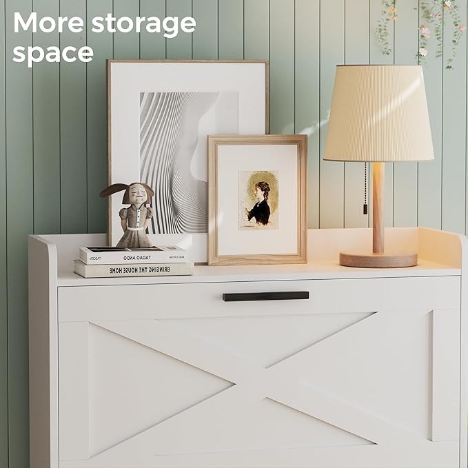 32" W Farmhouse Shoe Storage Cabinet with 2 Flip Drawers and Barn Door Design, Adjustable Shelves, Modern Hidden Slim Narrow Shoe Rack Cabinet for Entryway, Foyer, Hallway, Living Room, White