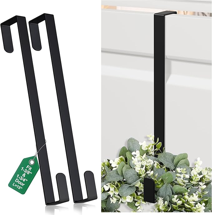 15" Reversible Wreath Hangers for Front Door, Fit Most Doors up to 1-3/4", Heavy Duty Steel Over The Door Hooks Hold up to 80 LBS for Spring & Easter Wreaths, Seasonal Door Decor (Black 2 Pack)