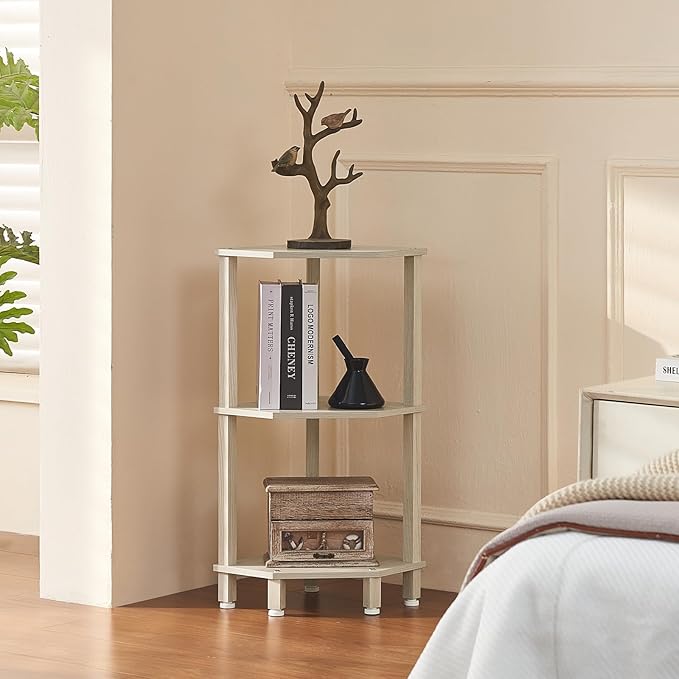 YUFAM 3-Tier Corner Shelf with Sturdy 5-Leg Base, Wooden Corner Bookshelf for Small Spaces, Small Corner Table for Living Room, Bedroom, Office, Grey White