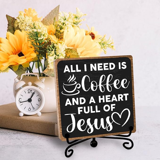 Toerifer Coffee Lover Gifts, Table Sign, Christian Decor, Rustic Wooden, 5x5 Inches