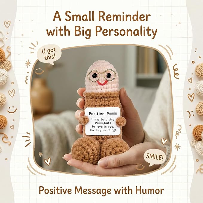Handmade Positive Crochet Gift with Emotional Support Message Card, Funny Desk Decor Novelty Gift for Women, Boyfriend, Husband, Men, Friends, Coworker(Brown Doll-1pcs)