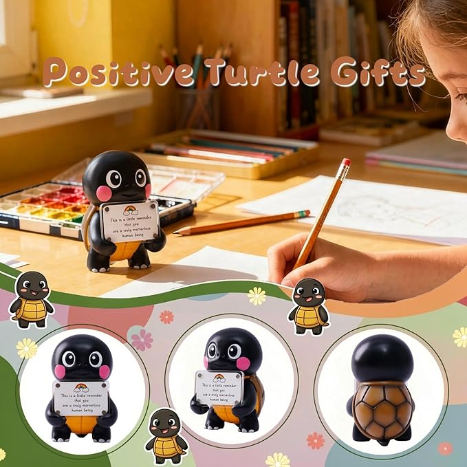 Positive Turtle Figurine - 4.3" Tall Hand-Painted Resin Indoor Office Desk Decoration with Cute Motivational Sign, Funny Gift for Women Friends Bestie BFF Bestfriend Coworkers (Black)