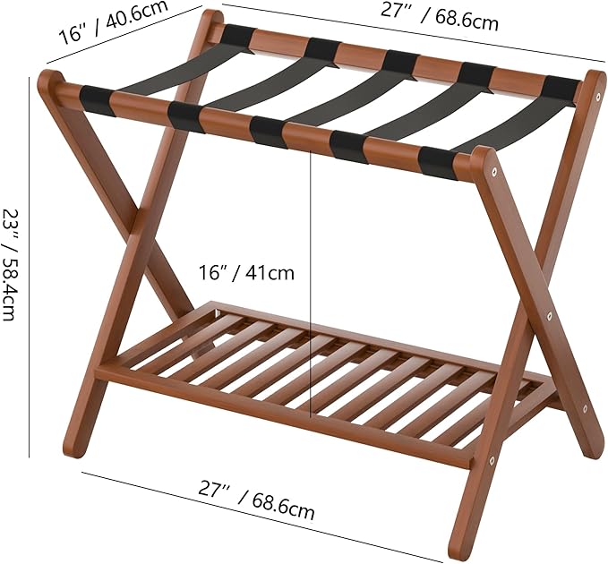 Luggage Racks Set Of 2 Suitcase Stand Foldable With Storage Shelf For Guest Room Hotel Essentials Solid Bamboo Heavy-Duty Item Holder Chestnut Brown
