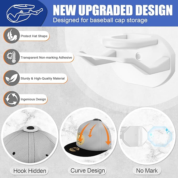 24 Pack Adhesive Hat Hooks for Wall, Strong Hat Rack for Baseball Caps, Hat Organizer Display for Home Decor, Hat Hold Hanger for Wall, Door, Closet, No Drilling - USA Patented (White)
