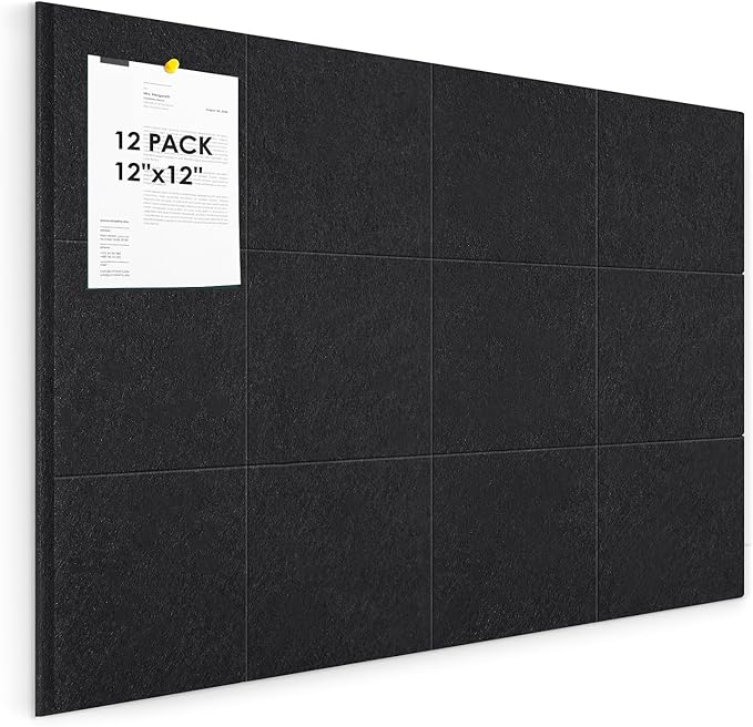 Large Felt Bulletin Board 48" x 36", Cork Board Alternative, 12 Pack Felt Wall Tiles with Push Pins and Adhesive Tabs, Cork Boards for Walls Pin Board for Office & HomePanels, Black