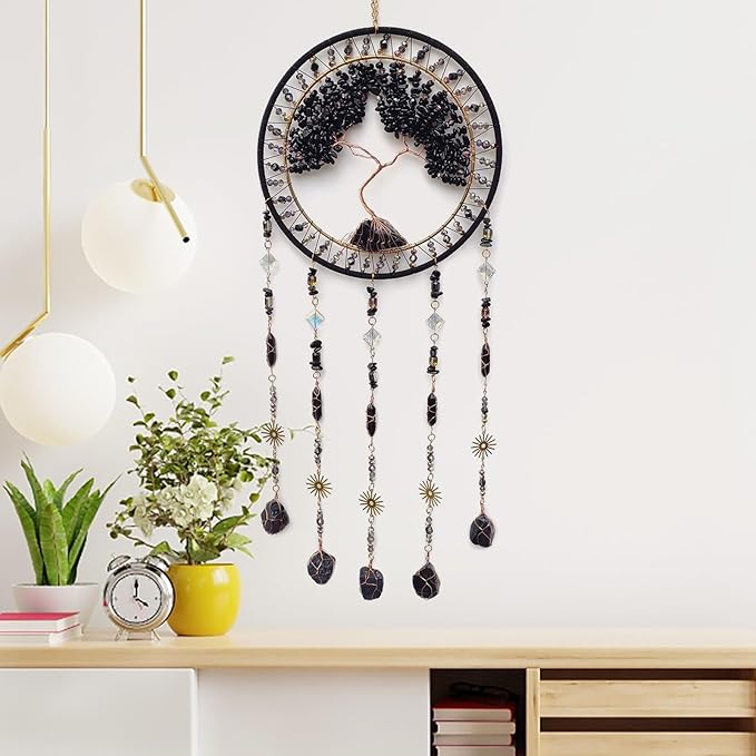 Crystal Tree of Life Dream Catchers with Stone Pendant Black Dream Catcher Wall Decor Handmade Dreamcatcher Wall Hanging Ornament for Bedroom Living Room Home Decor