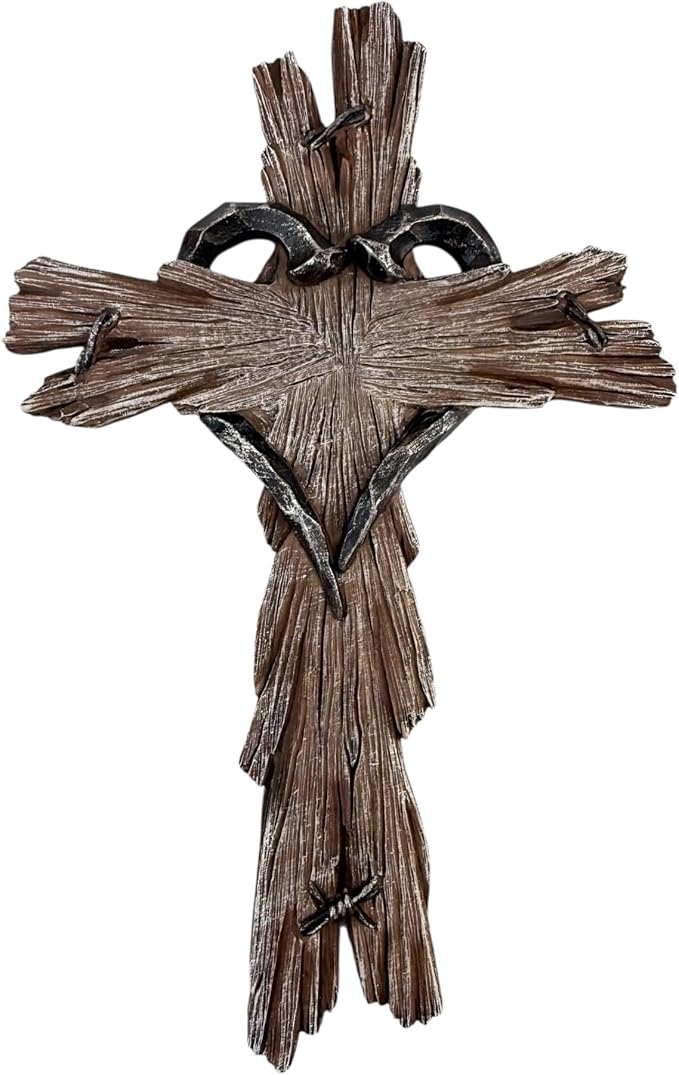 Rustic Wood-Look Resin Wall Cross with Barbed Wire & Nail Heart Accents – 11 ½” Christian Farmhouse Wall Décor, Inspirational Religious Gift (Rustic Brown)