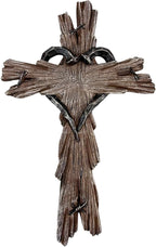 Rustic Wood-Look Resin Wall Cross with Barbed Wire & Nail Heart Accents – 11 ½” Christian Farmhouse Wall Décor, Inspirational Religious Gift (Rustic Brown)