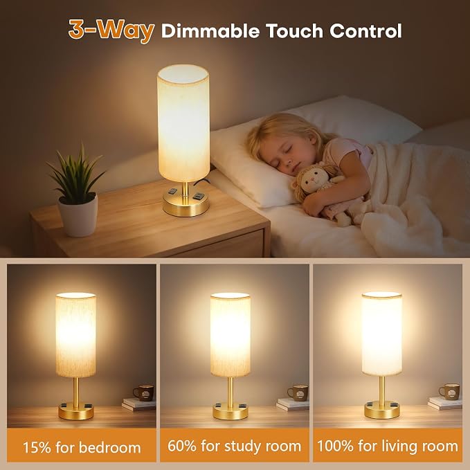 MOICO Bedside Table Lamp for Bedroom, 3-Way Dimmable Nightstand Lamp with USB C, USB A Ports & AC Outlet, Small Table Lamp Fabric Shade for Living Room Dorm Office, LED Bulb Included (14in Gold)