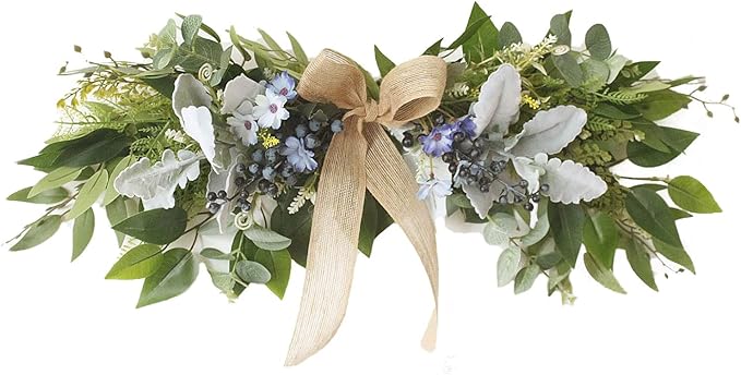 Artificial Eucalyptus Swag with Daisy Flower 25.6in Greenery Swag with Bow and Flocking Leaves Berries Farmhouse Decorative Swag for Home Wedding Wall Door Decor
