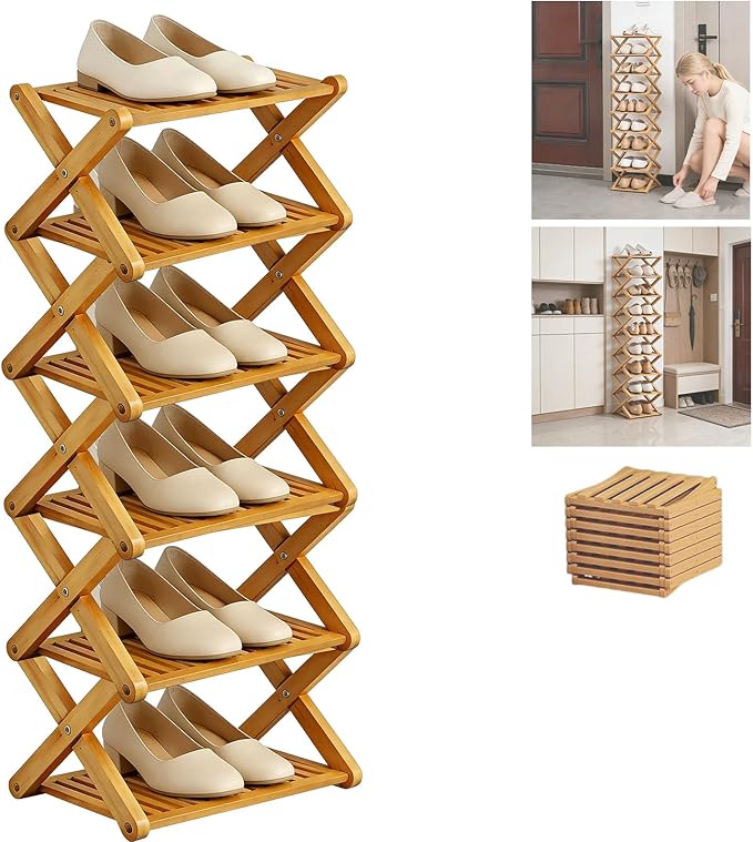 2/3/4/5/6/7/8/9 Tier Bamboo Shoe Rack - Foldable,No Installation Needed,Space-Saving Multi-Tier Storage for Indoor & Balcony Use (Yellow,6 Layers)