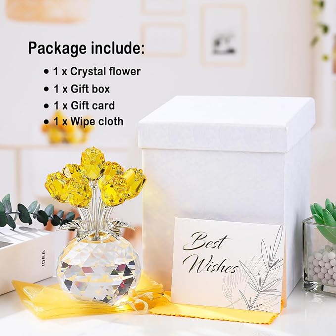 Arikyrist Crystal Yellow Rose Bouquet Figurine with Round Vase Gifts for Her, Glass Rose Flower Romantic Keepsakes for Women Mom on Christmas, Collectible Decoration Table Centerpiece for Home