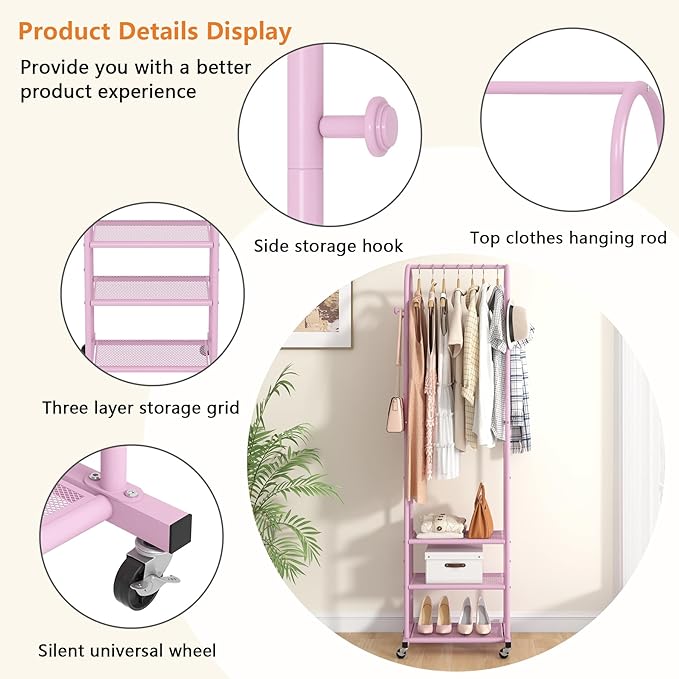 Heavy Duty Clothing Rack with Wheels,Modern Garment Rack with 3 Metal Shelves, 71.8Inches Display Rack for Hanging Clothes, Hanging Rod for Small Space,Pink
