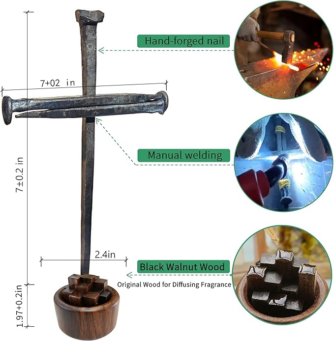 LeMeeOly Jesus Christ Crucifixion Nail Metal Cross Wooden Base, Baptism & Religious Gifts for Men Women,Christian Home Decor (Aroma Diffuser Wood)