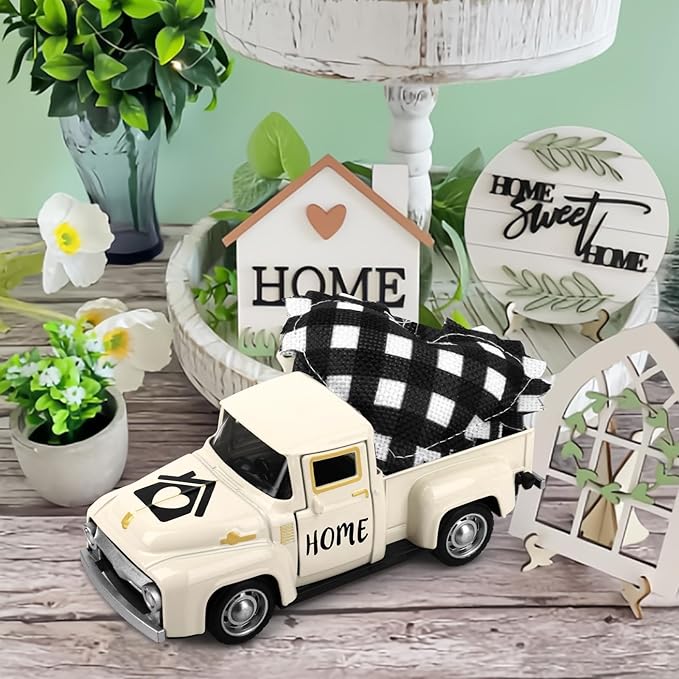 Vintage White Truck Decor with Heart Farmhouse Tiered Tray Decor Vintage Mini Truck Bookshelf Table Decors