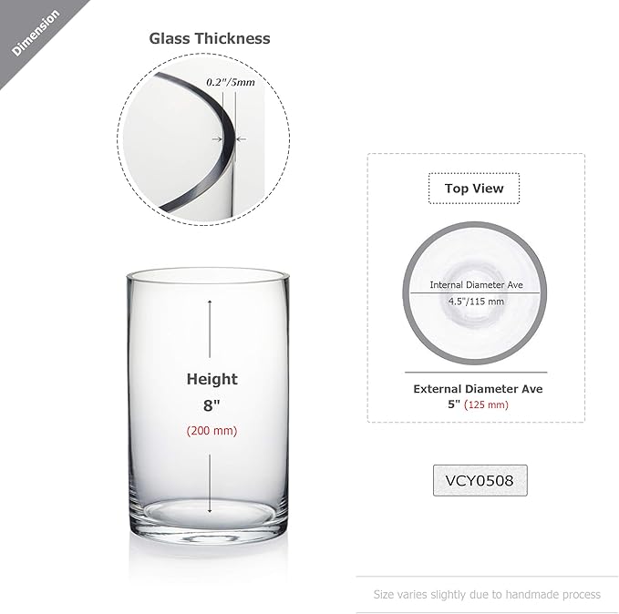 WGV Cylinder Vase, Diameter 5", Height 8", Clear Glass Floral Planter Container, Floating Candle Holder for Wedding Party Event Home Office Decor, 1 Piece