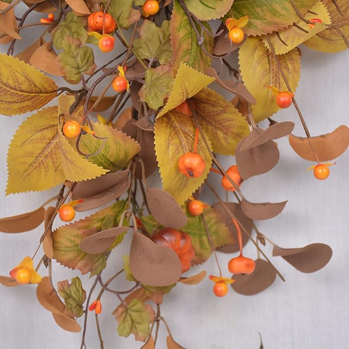 20 Inch Fall Harvest Swag, Artificial Fall Maple Swag Autumn Thanksgiving Day Halloween Decorative Teardrop, Halloween Wall Door Decor Sunflower Berry Fake Wreath (#2)
