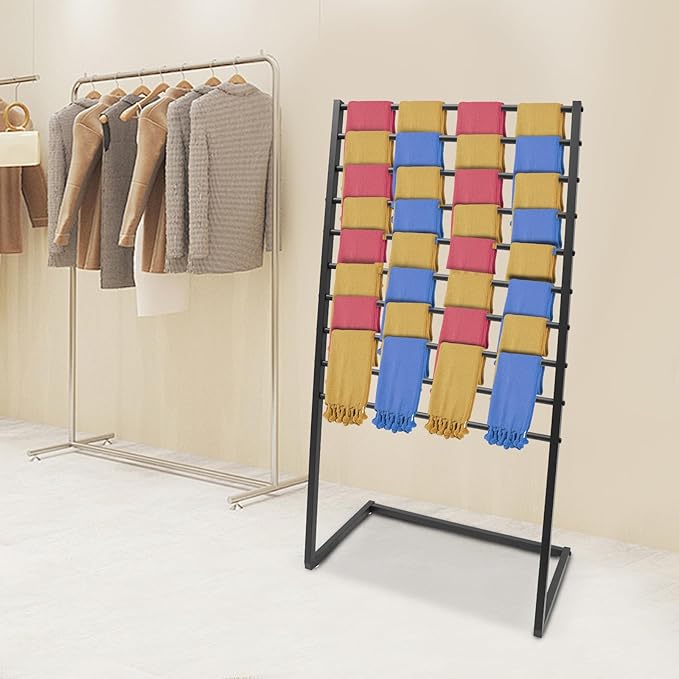 Scarf Display Stand, 10 Tier Metal Scarf Holder Organizer, Freestanding Scarf Rack, for Hanging Towels, Scarves, Clothes, Shawls, Blankets, Bandana, for Commercial Clothing Retail Store (Black)