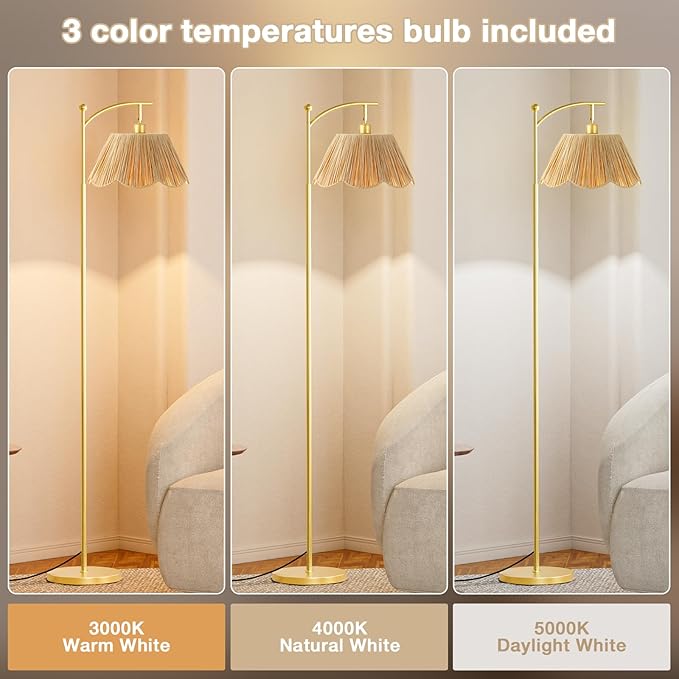 Ambimall 60" Floor Lamps for Living Room with 3 Color Temperatures, Gold Floor Lamp with Rattan Shade, Modern Tall Lamps for Bedroom Office, 9W LED Bulb Included