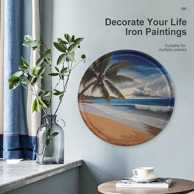 Wall Picture, with Coconut Palm Tree Sandy Beach Printed Circular Iron Hanging Picture,Wall Art Decor,Home for Bedroom Living Room Bathroom Decor,Iron Painting 11.8X11.8 in