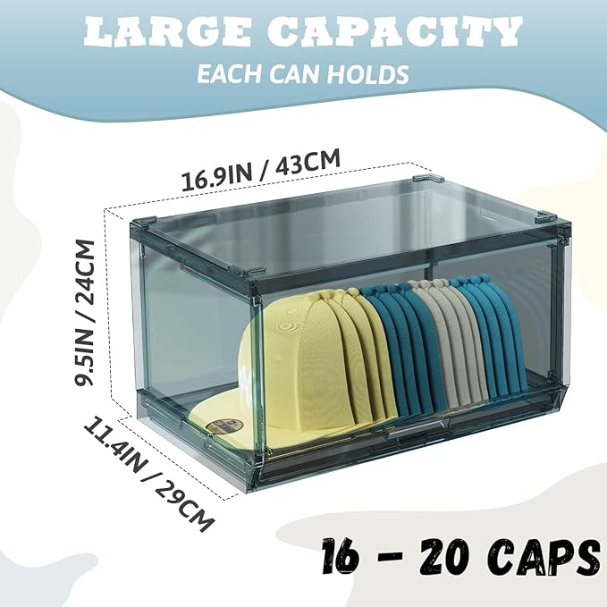 2 Pack Large Hat Organizer Box, Stackable Clear Baseball Caps Holder Box Containers with Sliding Door for Hats Snapback Cap Storag, Hat Rack Display Case, Holds 20 Hats Each -Blue
