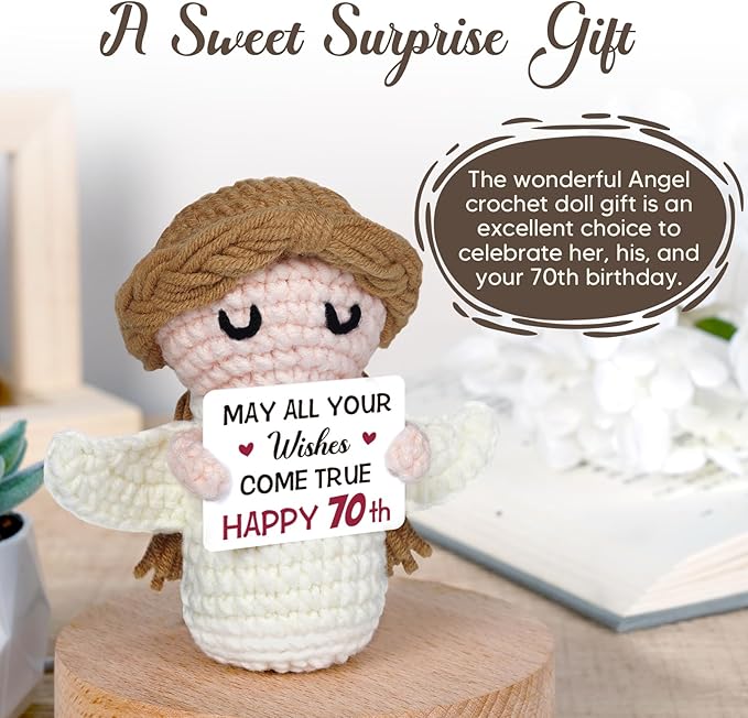 70th Birthday Gifts for Women Men, 1956 70th Birthday Decorations, Happy 70 Year Old Gifts for Family Friends - Handmade Positive Angel Crochet Doll