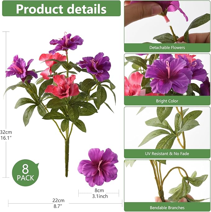 Artificial Fake Flowers for Outdoor, 8 Bundles Faux Plants Silk Flowers Spring Decoration UV Resistant No Fade Plastic Flowers for Outside Planters Home Porch Patio Yard Garden Decor