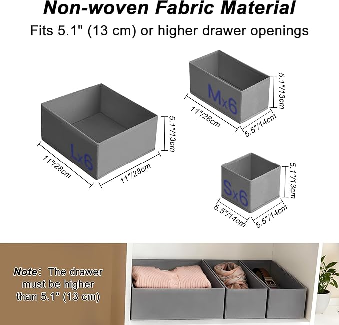 Garvee Drawer Organizer Clothes, Set of 18 Dresser Organizer Bins for Baby Clothes, Underwear, Bra & Sock, Foldable Fabric Closet Drawer Divider Organization for Bedroom, Nursery, Grey