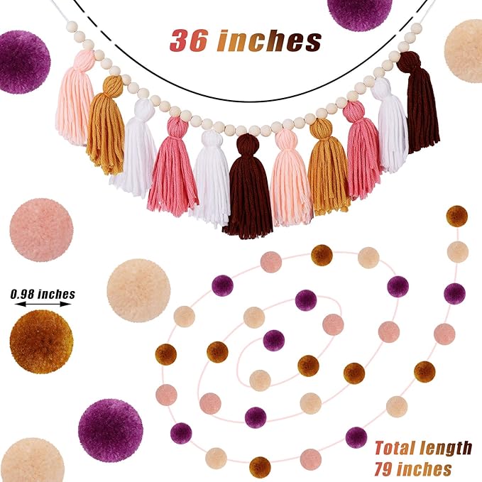 Syhood 3 Pcs Boho Tassel Garland Wall Hanging Decor 1 Boho Tassel Garland with Wood Beads and 2 Western Colorful Pom Pom Ball for Classroom Party Wedding Baby Shower Home Decorations(Soft Colors)