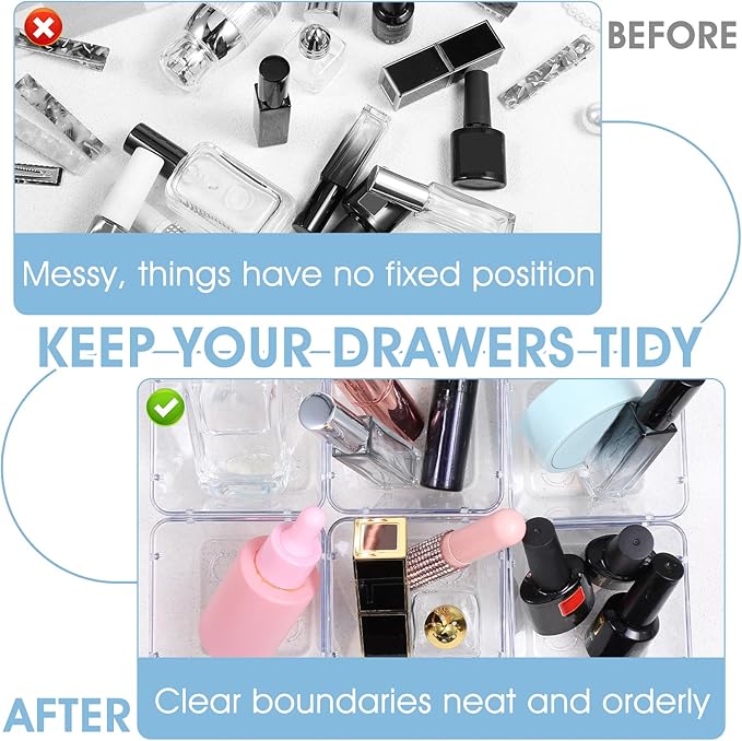24 Pcs Clear Drawer Organizers 3" x 3" x 2" Stackable Small Makeup Vanity Storage Bins Small Desk Drawer Organization Clear Container Dividers for Makeup Vanity Office Bathroom Kitchen Utensil