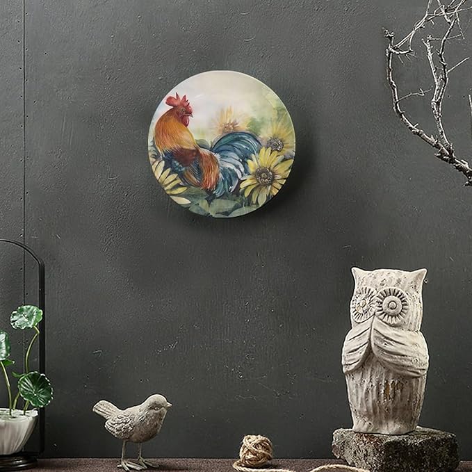 Rooster Decorative Plates, 8 Inch, Sunflower Rooster Round Display Plate, Handmade Ceramic Ornament, for Home Kitchen Bedroom Decorative Ornaments