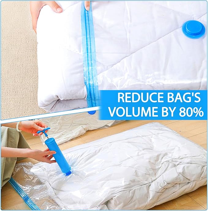 8 Pack Large Vacuum Storage Bags, Vacuum Seal Bags for Clothing with Hand Pump, 80% Space Saver Bags for Clothes, Pillows, Comforters and Blankets, Home Travel Essentials