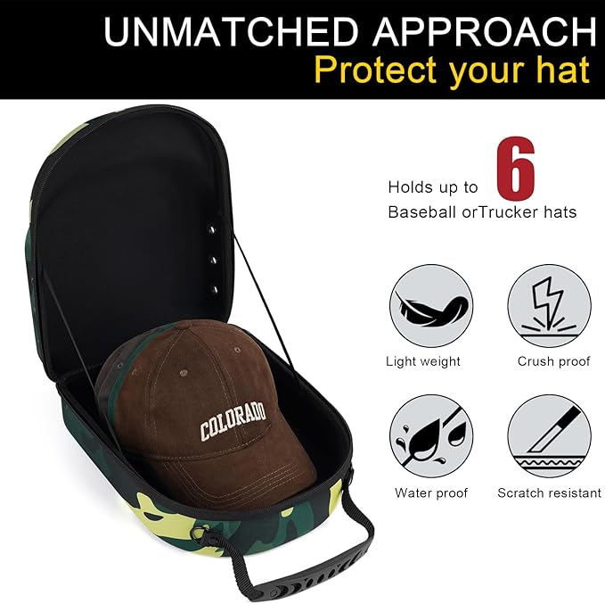 Hard baseball hat case, Hat Carrier Travel Case with Adjustable Shoulder Strap, Hat cap case for 6 Baseball Caps - Perfect for Traveling (Camo Green)