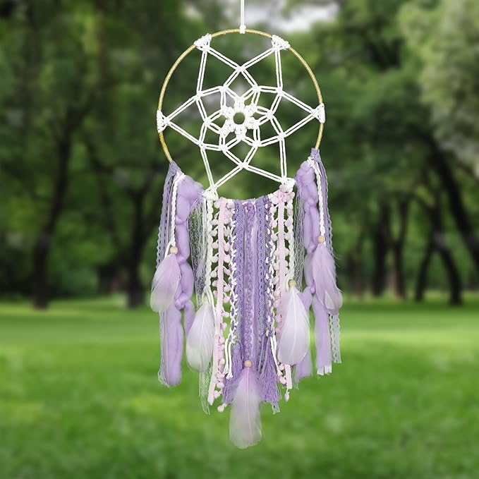 LOMOHOO Large Dream Catcher Handmade Feather Dreamcatcher, Traditional Dream Catchers with Woven Tassels Boho Wall Hanging for Girl Kids Bedroom Baby Room Home Decor Craft Ornament Gift (Purple)
