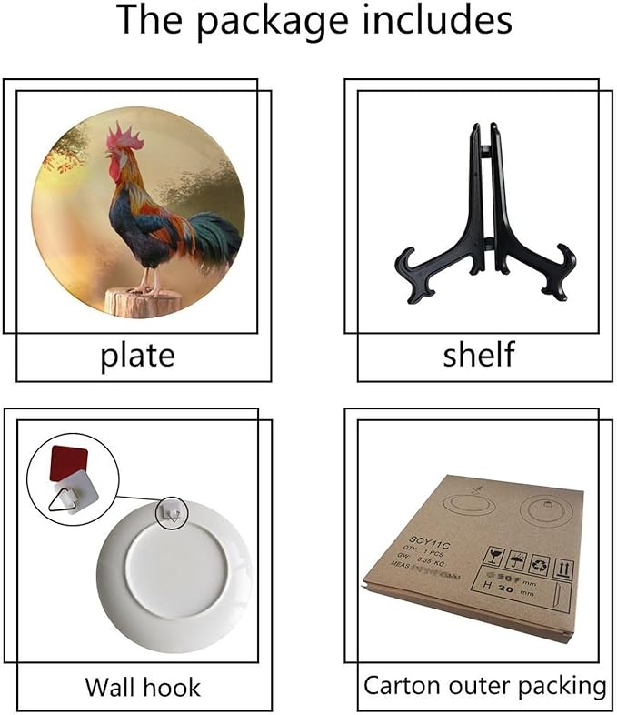 Rooster Decorative Ceramic Plates, 10 Inch, Crowing Cock Round Display Plate, Decorative Plates with Stand, for Kitchen Living Room Office Countertop Decor