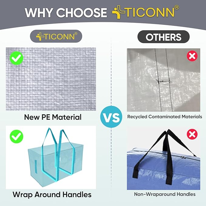 TICONN 6 Pack Extra Large Moving Bags Heavy Duty with Zippers & Carrying Handles, Durable Storage Bags Moving Boxes for Closet Organizers and Storage (6 Pack, Aqua)