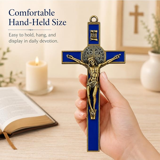 TALPGOD St Benedict Crucifix Gold Blue 7.2 Inch,Crucifix Wall Cross for Catholic Decor,Jesus Christ Hanging Cross Wall Art Decor,Escapularios Catolicos,Saint Benedict Medal for Home Decoration