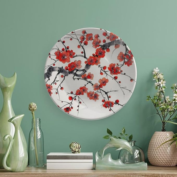 Japanese Spring Theme Decorative Ceramic Plate Round Porcelain Plate,Plum Tree Blossoms Pattern,for Decorative Ornaments Giving Plates, 1 Plate with 1 Display Stand,Red Beige,10 inch