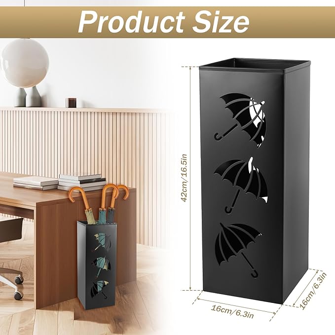 Metal Umbrella Holder, 16.5x6.3x6.3inch Square Free Standing Umbrella Rack Decorative Umbrella Holder Bin Multipurpose Walking Sticks Holder for Umbrella Cane Entryway Home Office (Style B)